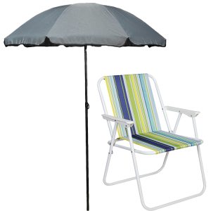 Το Μεγάλο Παζάρι Ομπρέλα Ήλιου Διάμετρο 160cm+ Καρέκλα Παραλίας Πτυσσόμενη 51x47x76cm (TMP-3412)