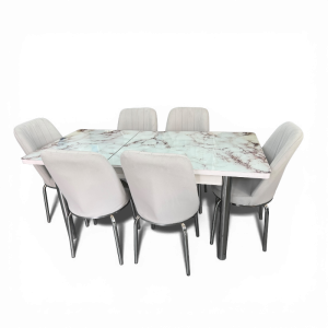 Σετ Τραπεζαρία 6 Καρέκλες Βελούδινες+1 Τραπέζι Με Τζάμι Πτυσσόμενο 170X80X77 Μάρμαρο Γκρί Του Πάγου (TMP-4857)
