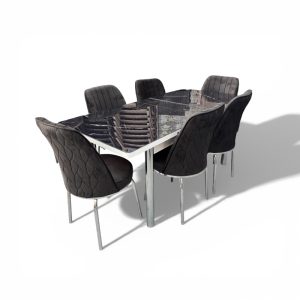 Σετ Τραπεζαρία 6 Καρέκλες Βελούδινες+1 Τραπέζι Με Τζάμι Πτυσσόμενο 170X80X77 Μάρμαρο Μάυρο (TMP-4853)