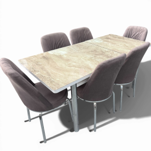 Σετ Τραπεζαρία 6 Καρέκλες Βελούδινες+1 Τραπέζι Με Τζάμι Πτυσσόμενο 170X80X77 Μάρμαρο Μπέζ Μόκα (TMP-4854)