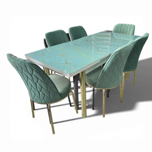 Σετ Τραπεζαρία 6 Καρέκλες Βελούδινες+1 Τραπέζι Με Τζάμι Πτυσσόμενο 170X80X77 Βεραμάν Χρυσό (TMP-4856)